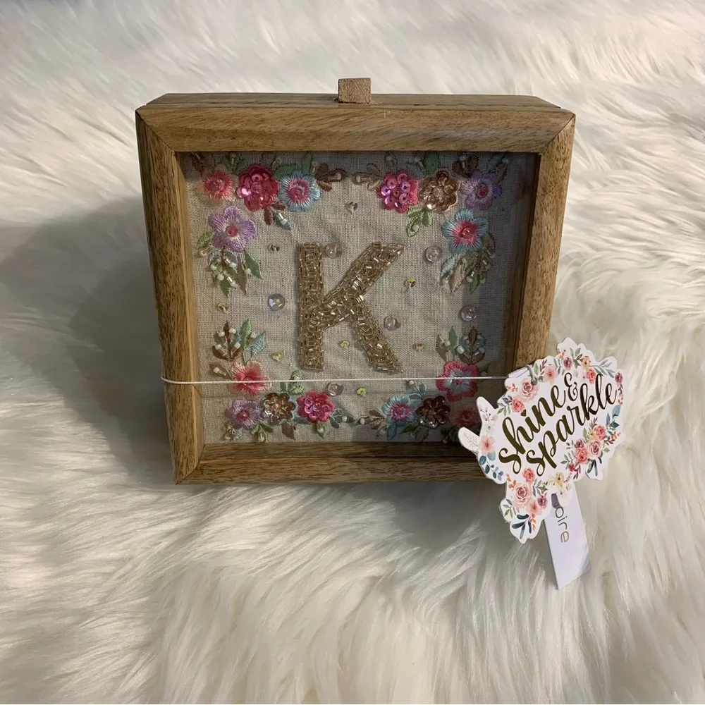 Jewelry Trinket Wood Box With Framed Detailed Embroidery Beading Letter “K” NWT